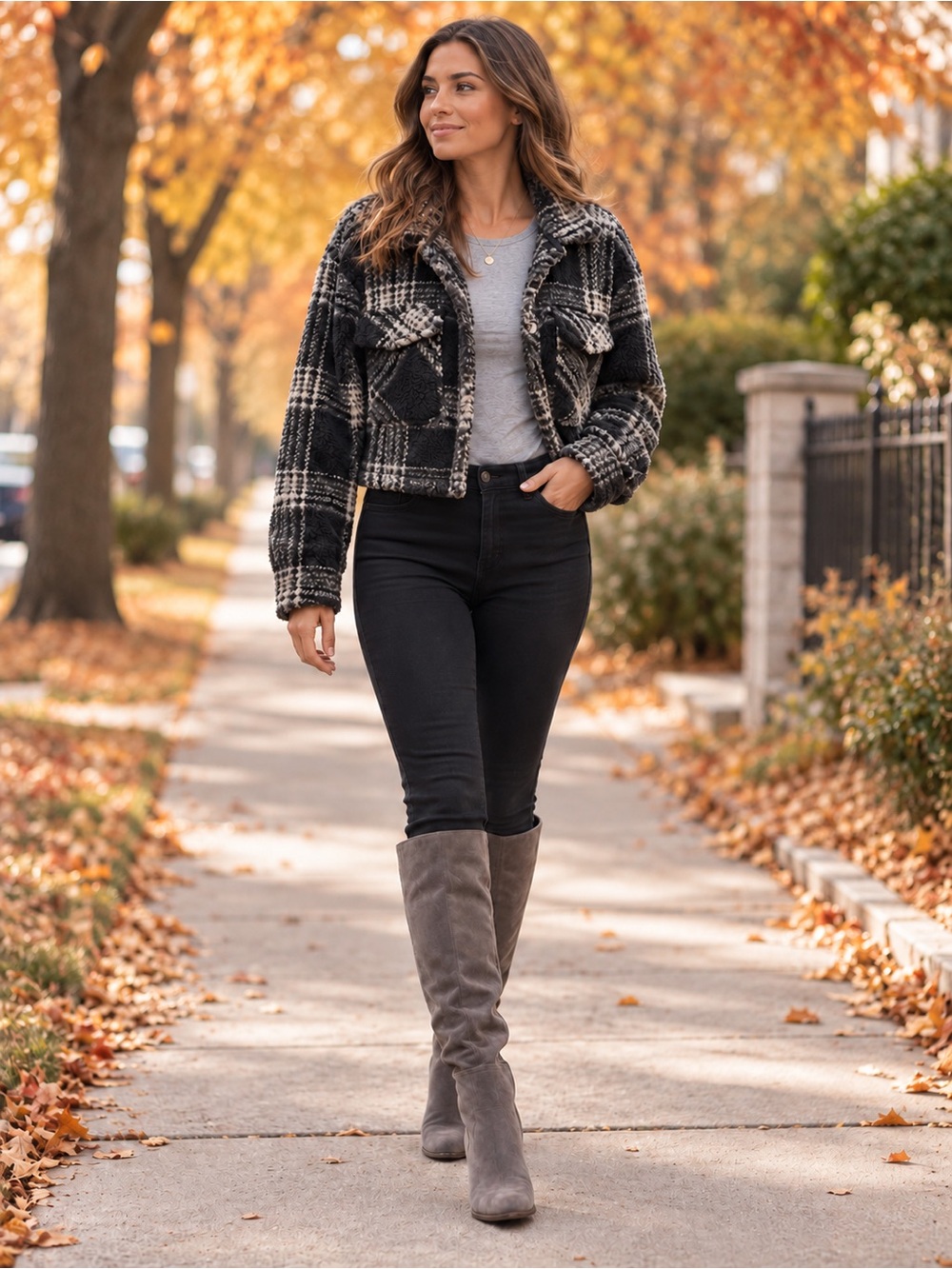 Thread & Supply Black and Gray Plaid Sherpa Shacket